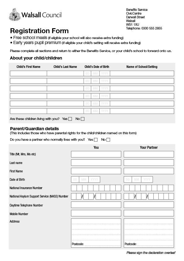 Free School Meals Application Form